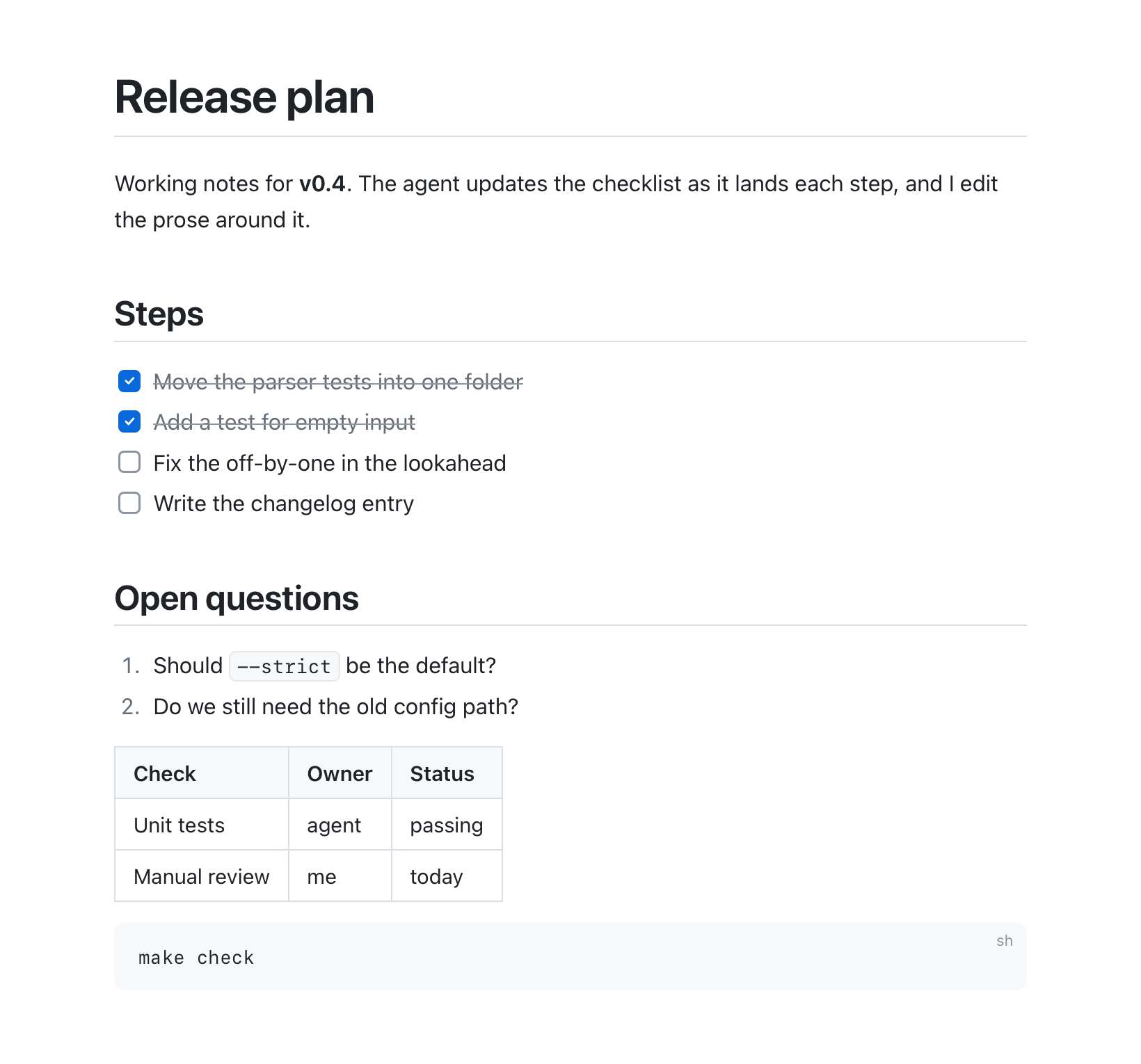 editmd showing a release plan: a checklist of steps with two ticked, a numbered list of open questions, a small table of checks with owners and a make check code block.